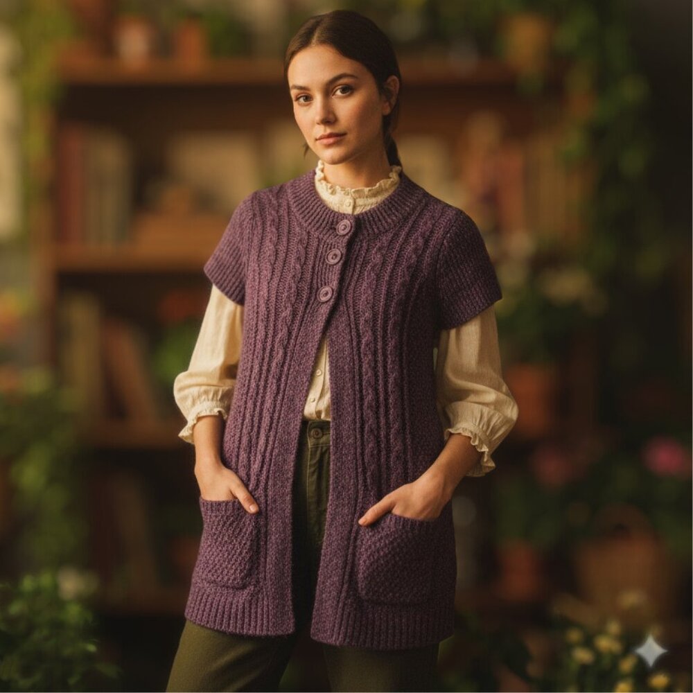 Sonoma Purple Cable Knit Sweater Vest Cardigan Womens Large Dark Academia Boho